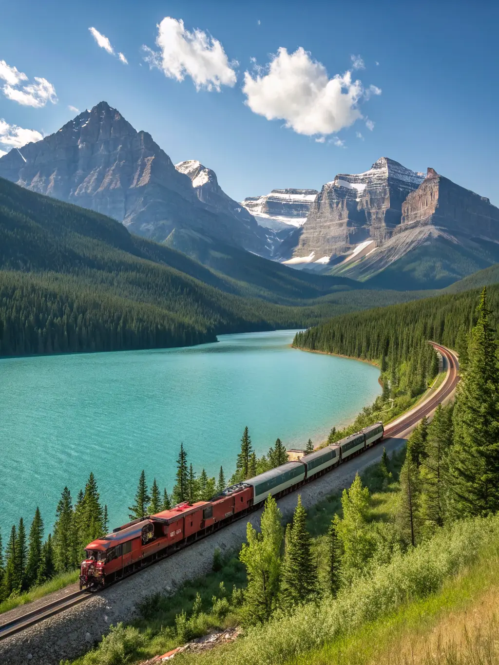 A scenic view of the Canadian Rockies, with a clear blue lake in the foreground and snow-capped mountains in the background.
