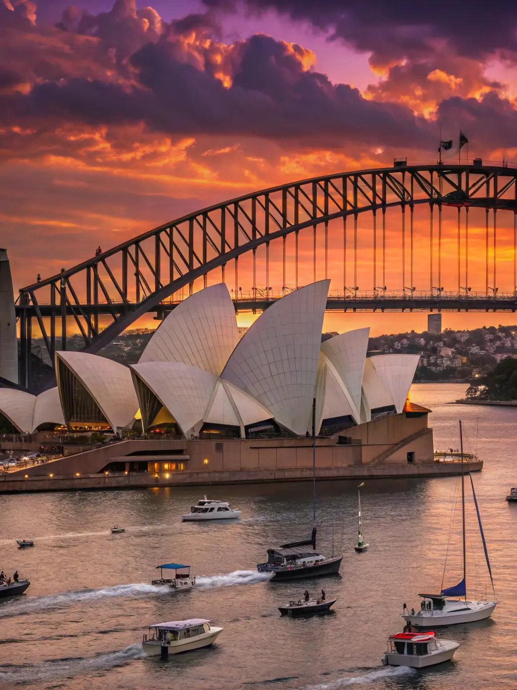 A vibrant image of the Sydney Opera House and Harbour Bridge in Sydney, Australia, with clear blue skies and sparkling water.