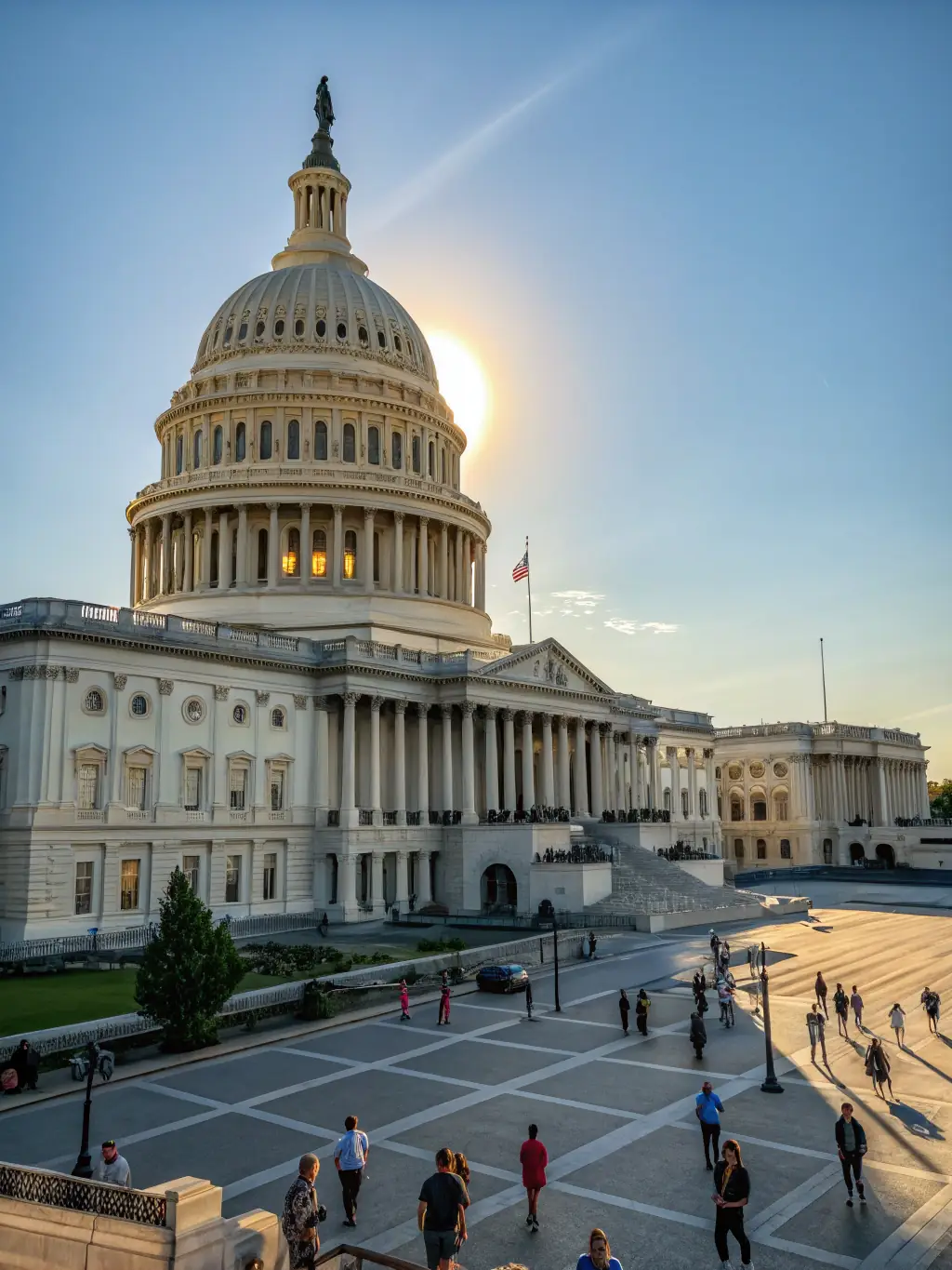 A professional photo of the US Capitol Building in Washington D.C., with the American flag waving prominently in the foreground.