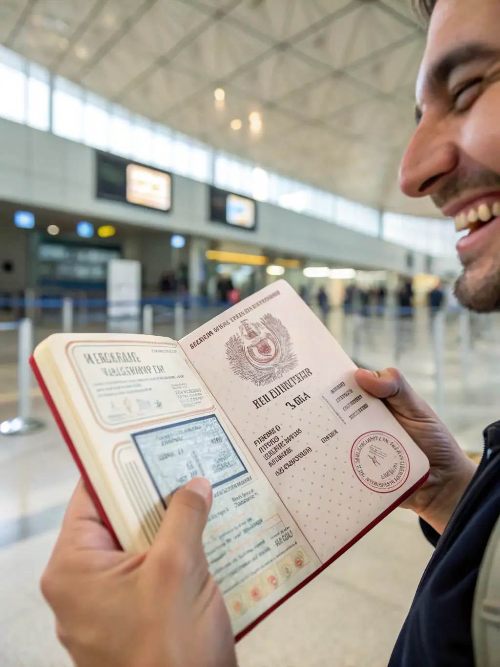 A close-up shot of a Schengen visa sticker in a passport, highlighting the visa details and the European Union flag in the background.