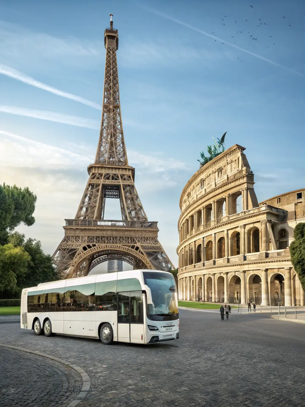 A collage of iconic European landmarks, such as the Eiffel Tower and the Colosseum, representing the Schengen area and the diverse visa requirements Global Travel Matrix assists with.